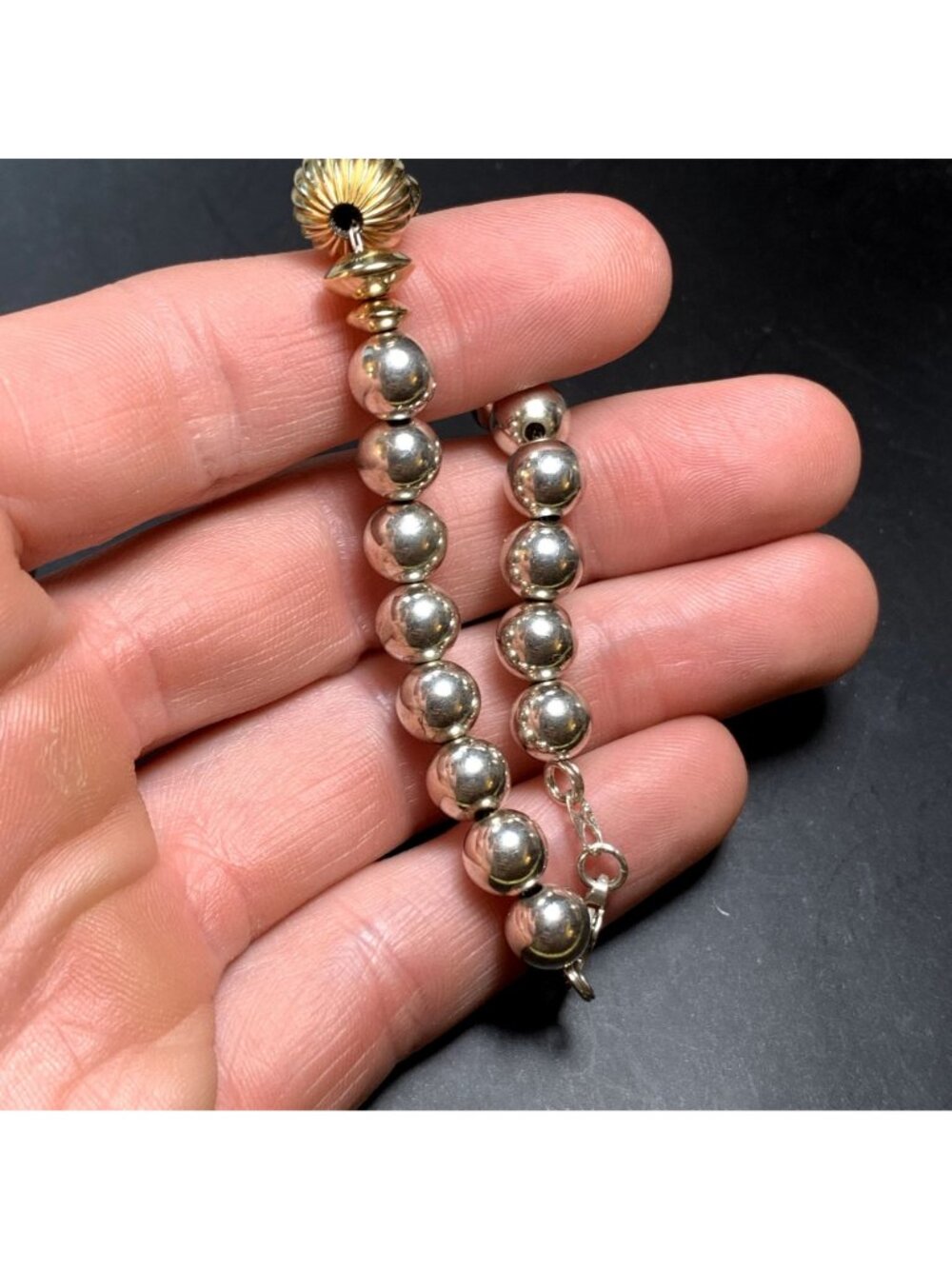Beaded Bracelet Two Tone Solid Sterling Silver 925 Size 7'' Length - Picture 5 of 11